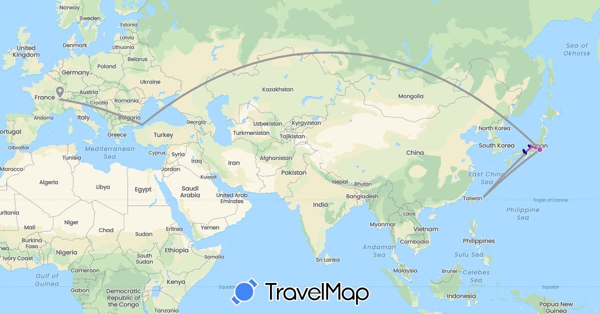 TravelMap itinerary: driving, plane, train in Switzerland, Japan, Turkey (Asia, Europe)